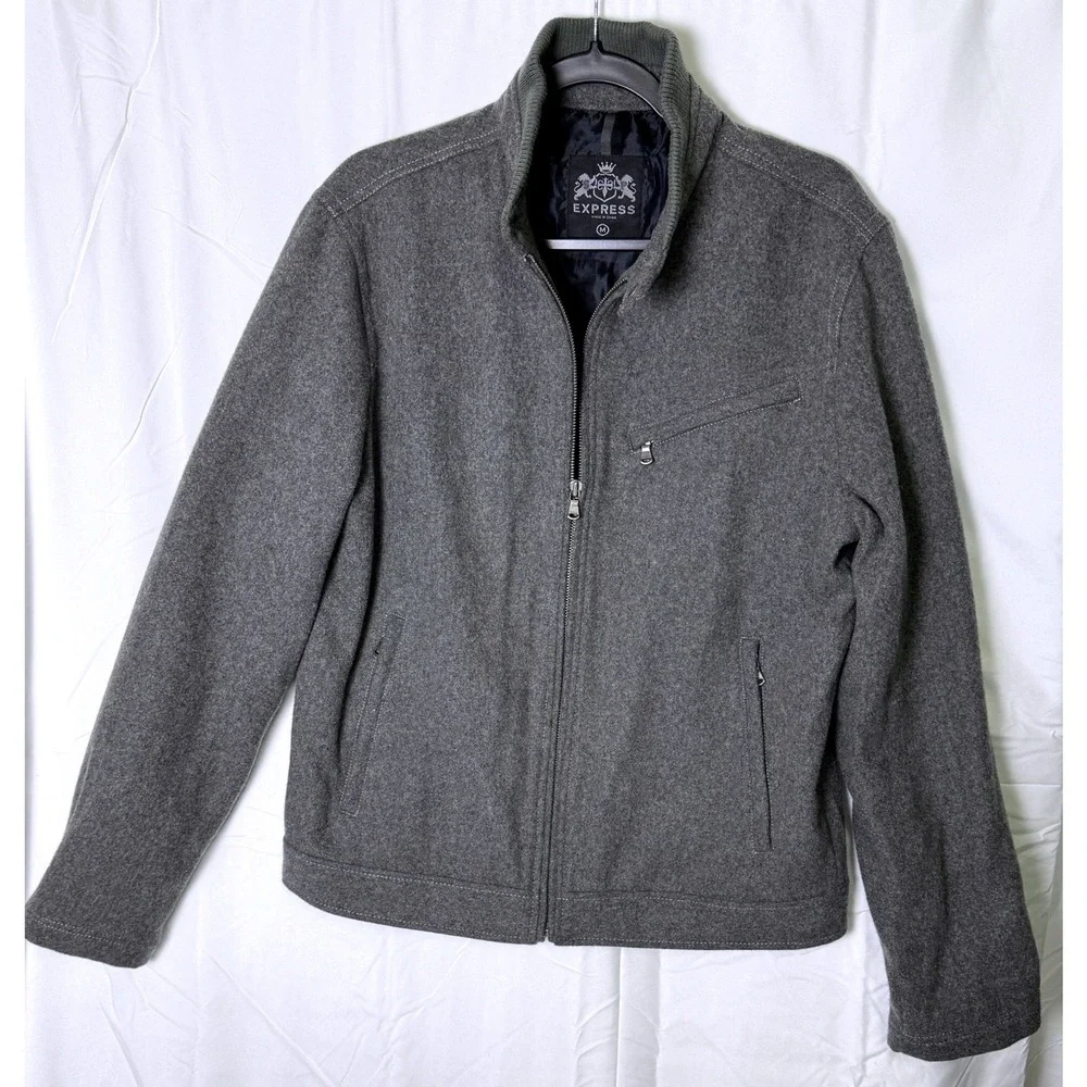Express Mens Gray Wool Blend Full Zip Mock Neck‎ Jacket Coat Medium RN55285